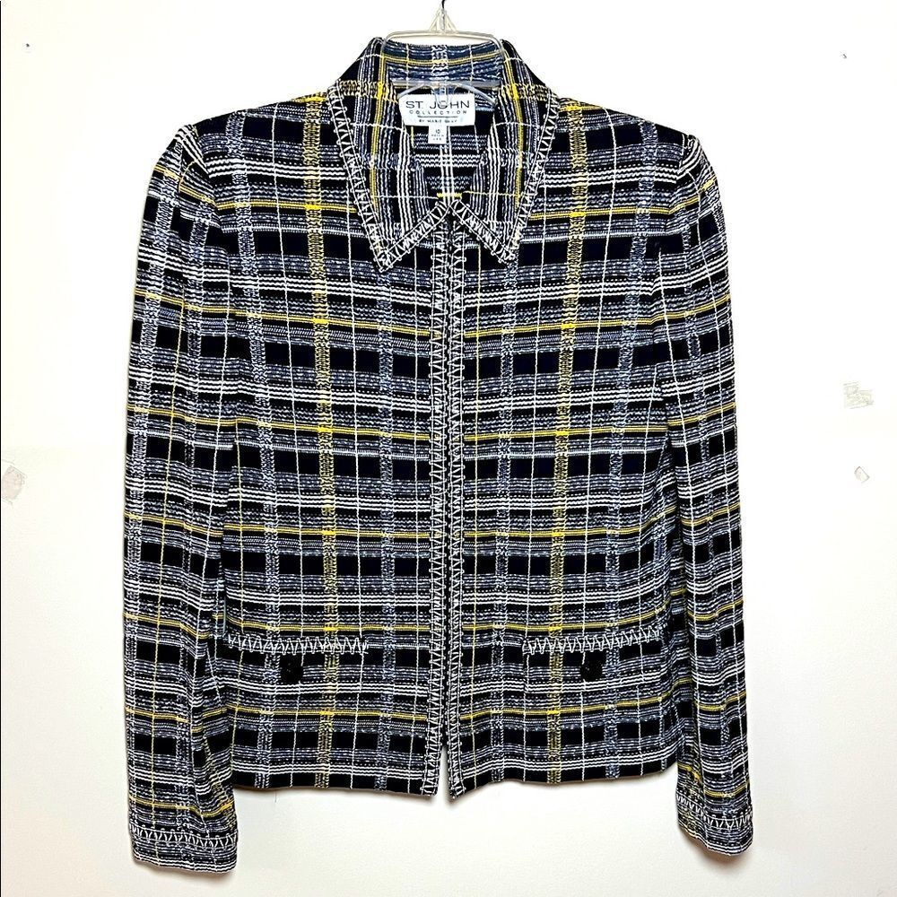 St John Collection Marie Gray Size 10 Santana Knit Plaid Blk Yellow White Jacket
